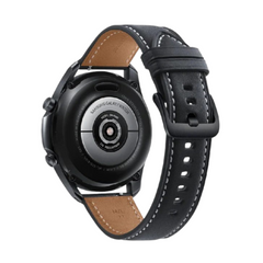 OBtech Samsung Galaxy Watch 3 showing the black stainless steel case back and premium leather strap