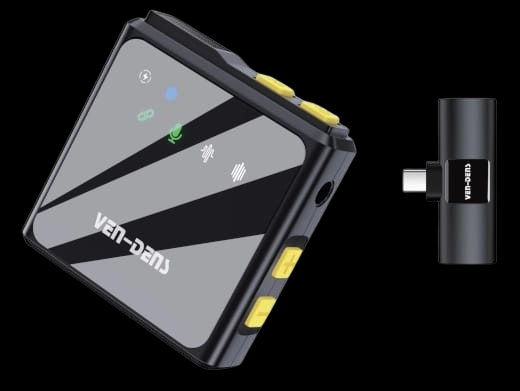 Ven-Dens VD-MIC011 wireless lavalier microphone with a Type-C plug and extra-long range functionality.