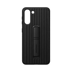 OBtech black protective standing cover for Samsung Galaxy S24 with vertical ridges and integrated folding kickstand