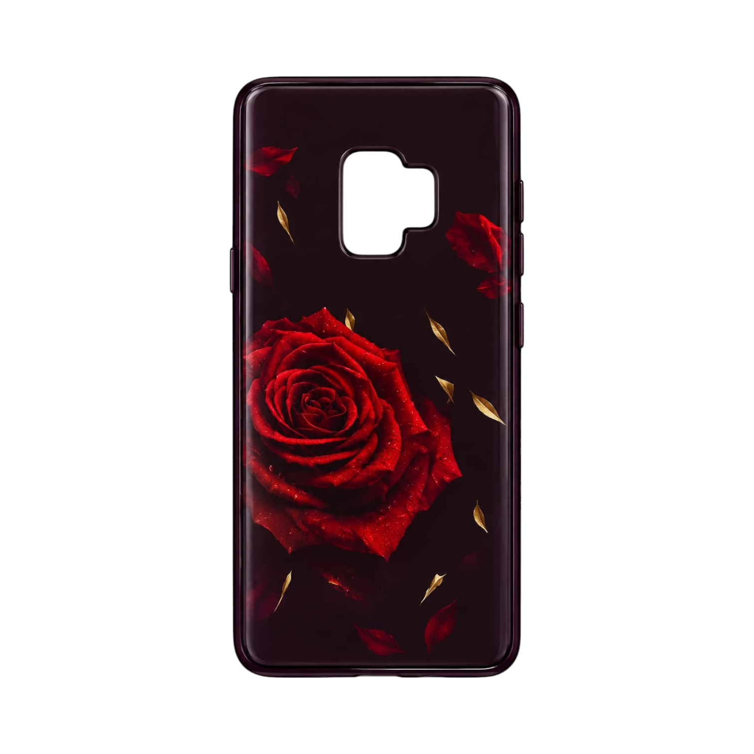 OBtech Samsung Galaxy S9 case featuring a vibrant red rose graphic print on a dark background with gold accents