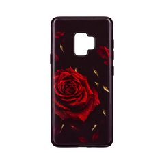 OBtech Samsung Galaxy S9 case featuring a vibrant red rose graphic print on a dark background with gold accents