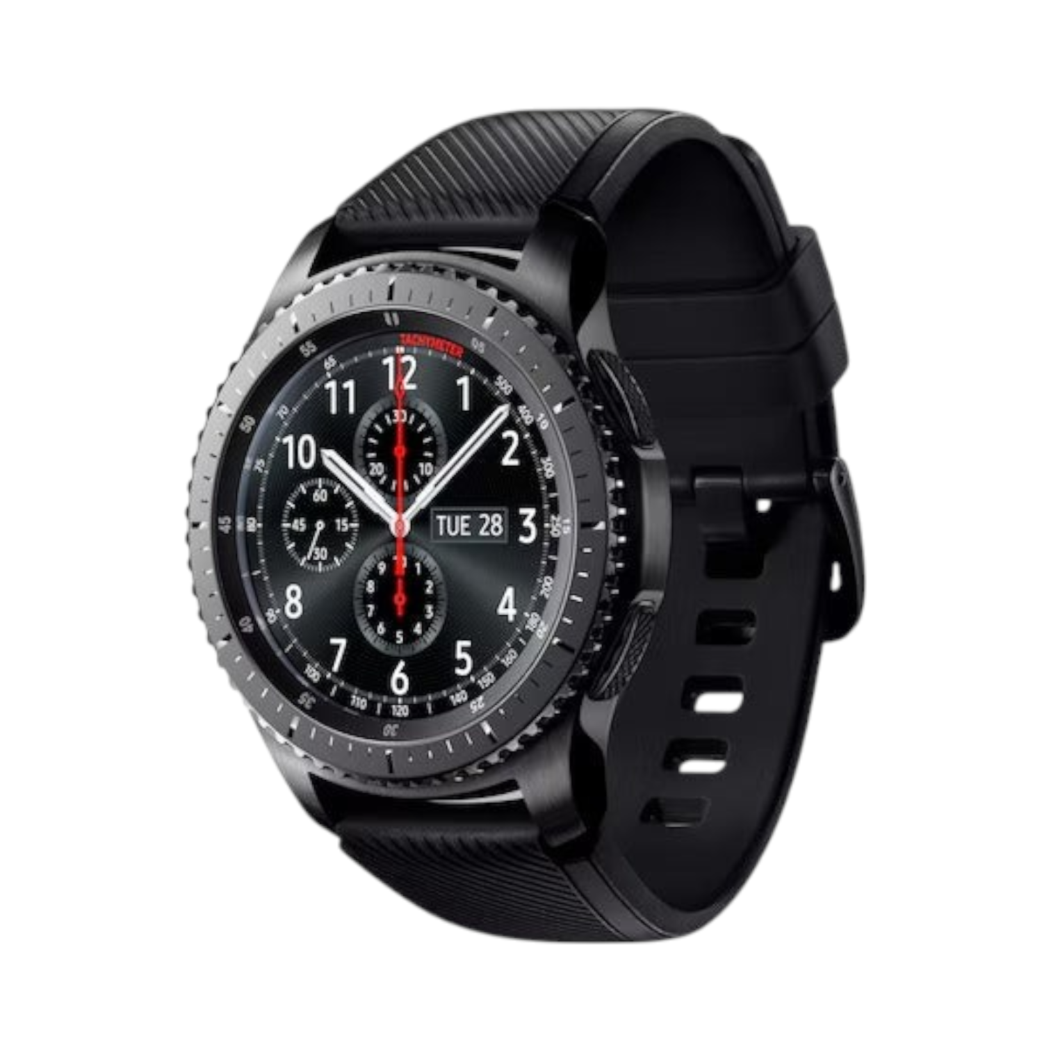 OBtech Samsung Galaxy Gear S3 Frontier smartwatch with a black rugged stainless steel case and textured silicone strap