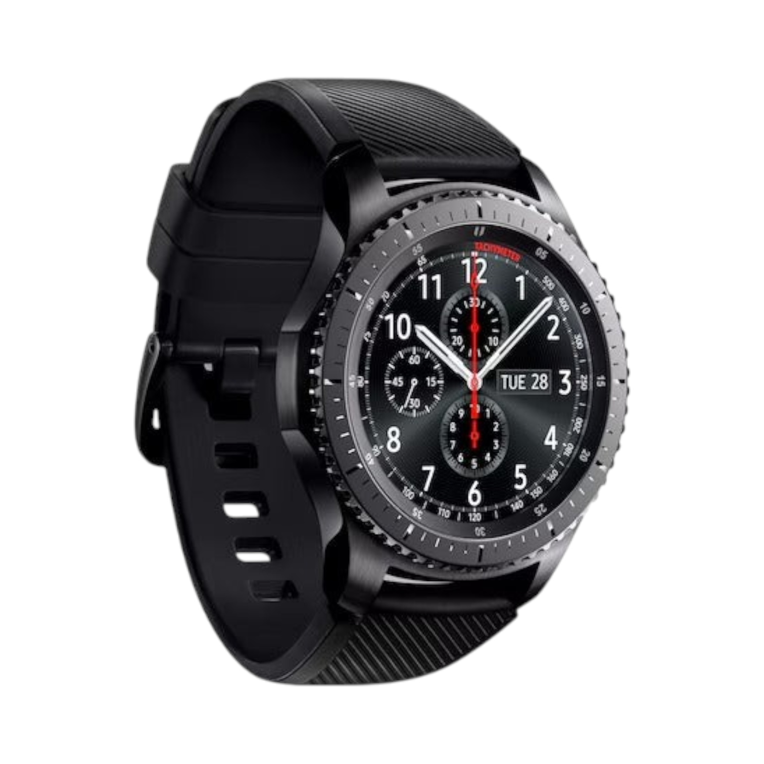 OBtech Samsung Galaxy Watch Gear S3 Frontier with a black rugged design, rotating bezel, and silicone strap.