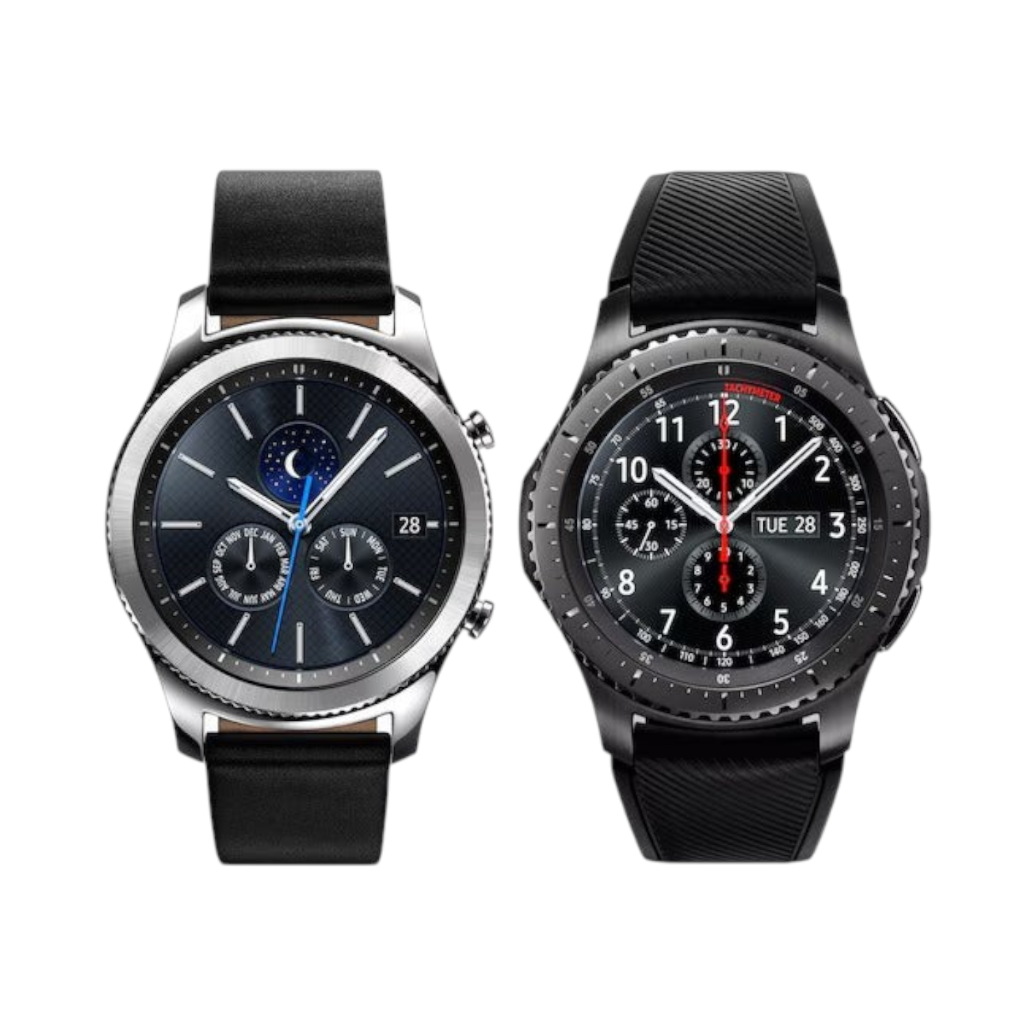 OBtech Samsung Galaxy Watch Gear S3 Frontier smartwatches in silver and black with black silicone and leather bands.