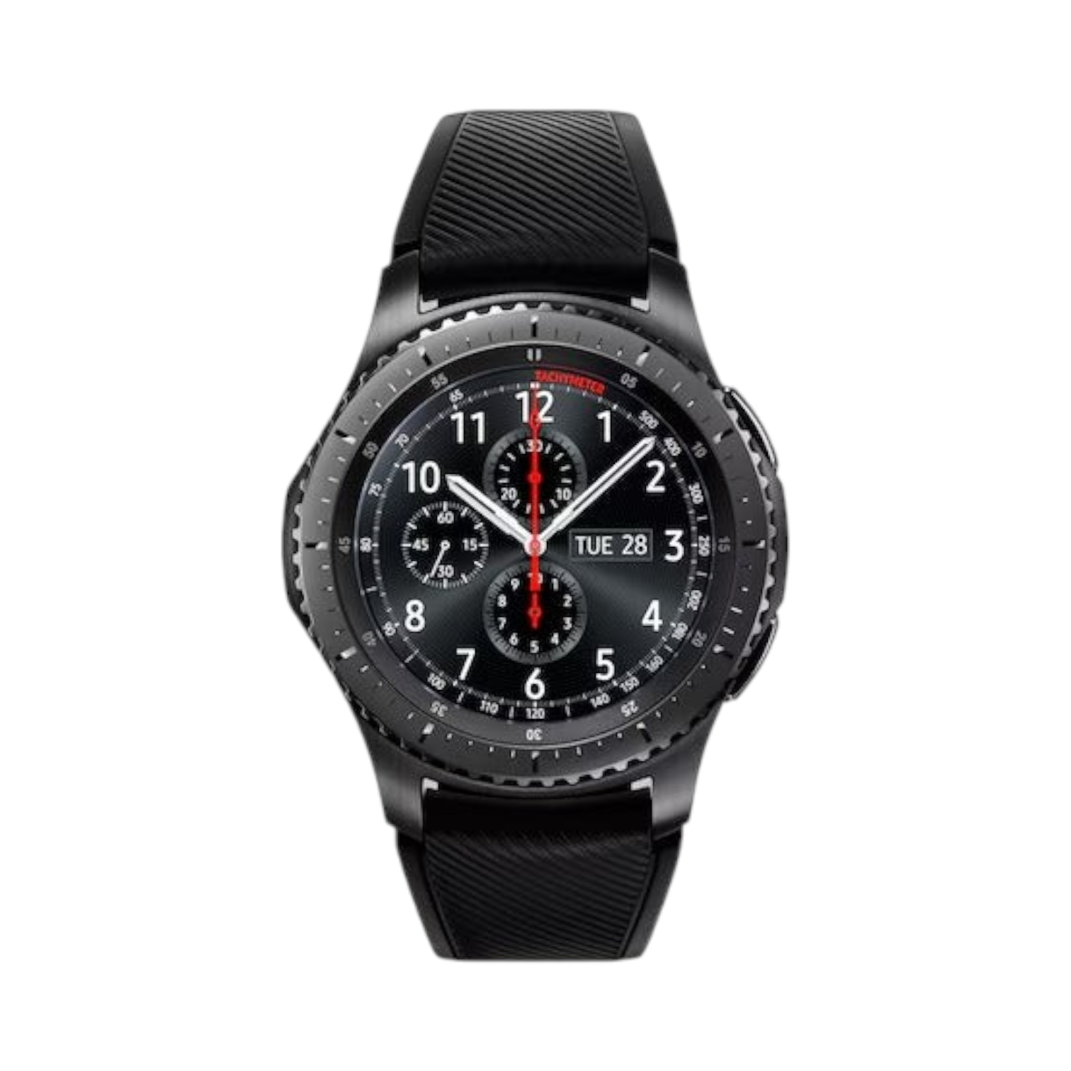 OBtech Samsung Galaxy Watch Gear S3 Frontier with a black rugged stainless steel case and textured silicone strap
