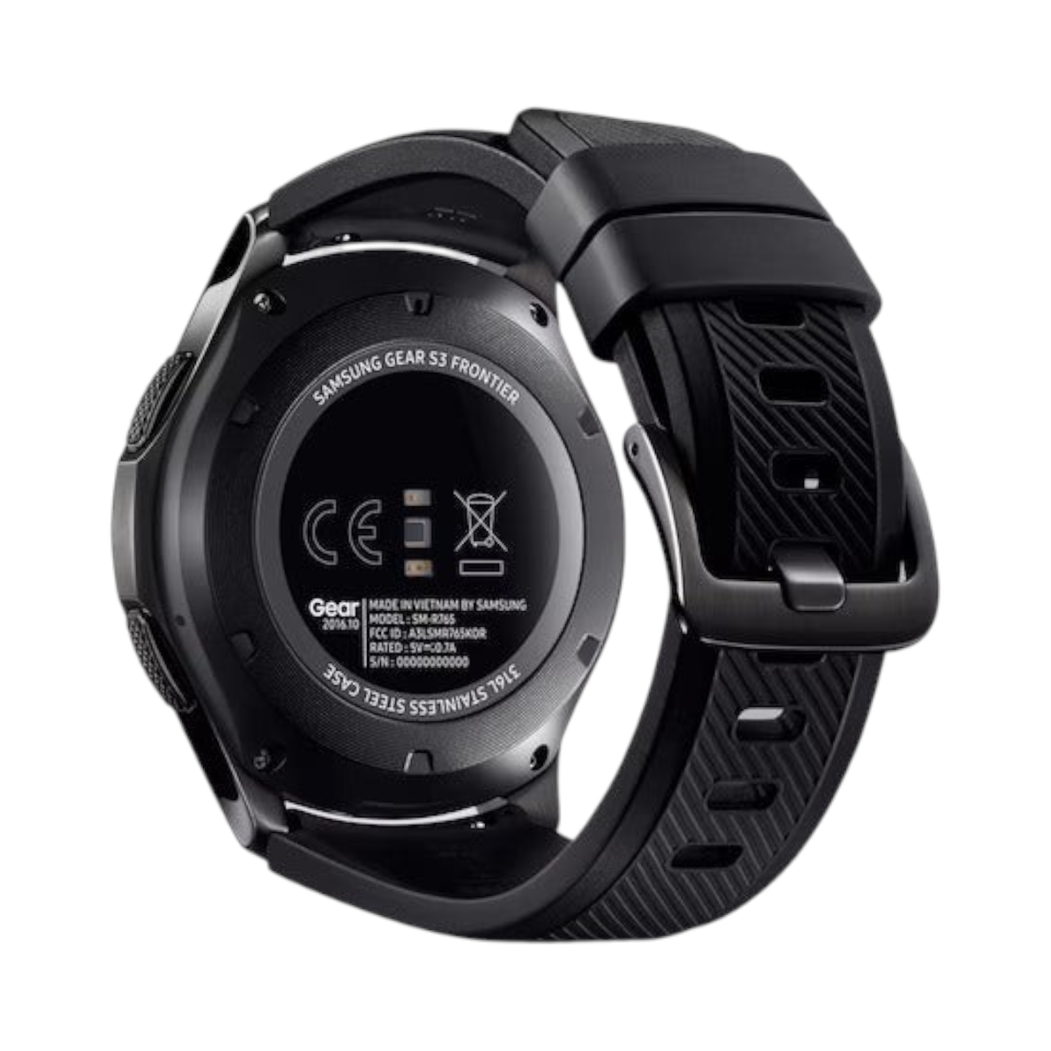 OBtech Samsung Galaxy Watch Gear S3 Frontier showing the black stainless steel case back and silicone strap