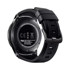 OBtech Samsung Galaxy Watch Gear S3 Frontier showing the black stainless steel case back and silicone strap