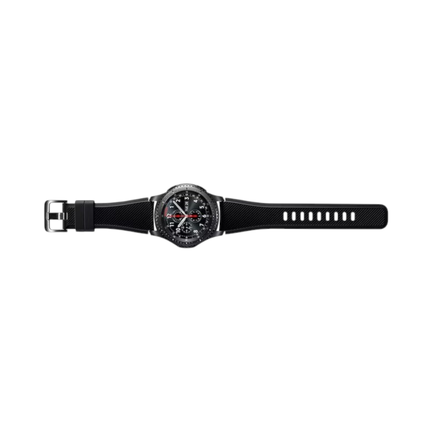 OBtech Samsung Galaxy Gear S3 Frontier smartwatch with a black textured silicone strap and round stainless steel case.