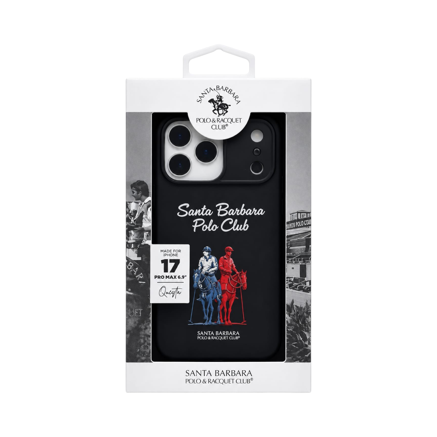 OBtech Santa Barbara POLO & RACQUET CLUB black protective case for iPhone 17 Pro Max with polo player graphic design.
