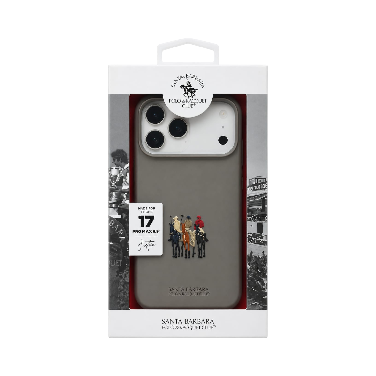 OBtech Santa Barbara POLO & RACQUET CLUB iPhone 17 Pro Max case in grey with a polo player graphic in retail packaging.