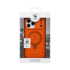 OBtech Santa Barbara POLO & RACQUET CLUB orange leather-textured iPhone 17 Pro Max case with integrated kickstand.