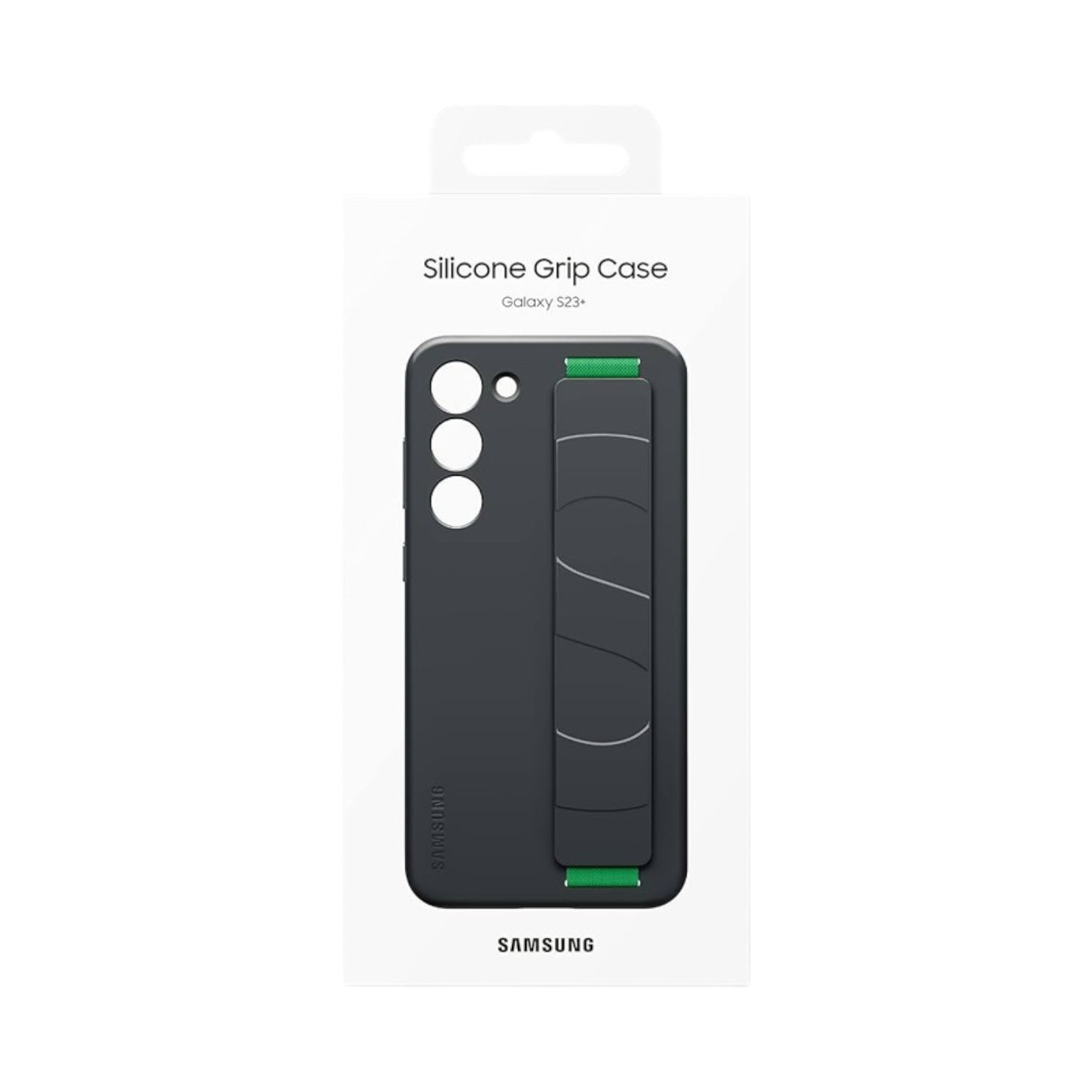 OBtech Samsung Galaxy S23+ silicone grip case in black with a green integrated security strap in retail packaging.