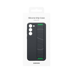 OBtech Samsung Galaxy S23+ silicone grip case in black with a green integrated security strap in retail packaging.