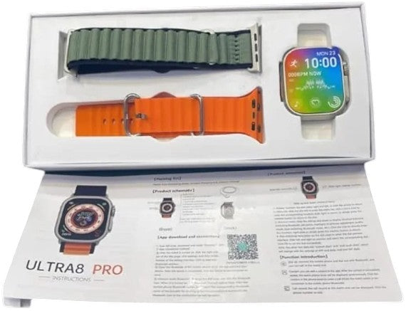 OBtech 8Pro A Series 8 smartwatch with 49mm display, green and orange silicone bands, and instruction manual.