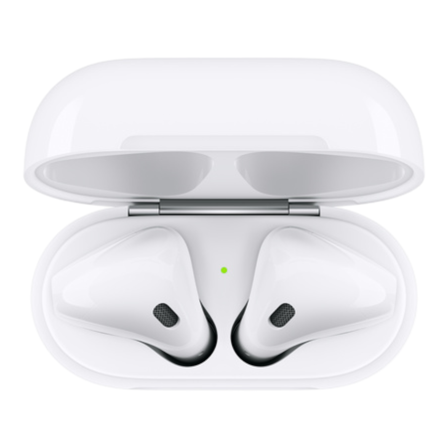 OBtech white wireless earbuds in an open charging case with a green status light, featuring a sleek ergonomic design.