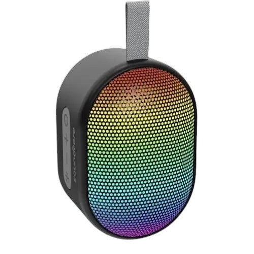 OBtech Anker Soundcore Pyro Mini portable Bluetooth speaker with vibrant RGB light show and grey carry strap
