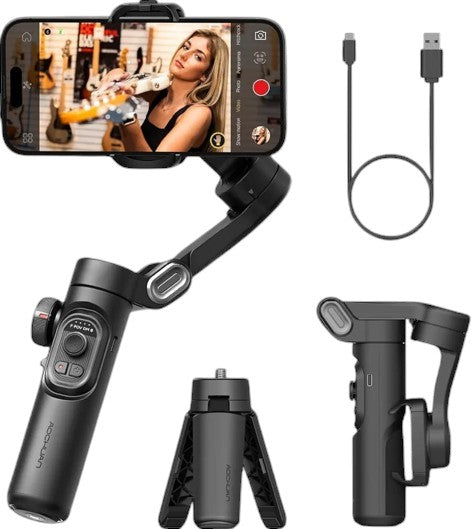 OBtech AOCHUAN Smart XE 3-axis gimbal stabilizer with phone, tripod stand, and charging cable for smooth video.