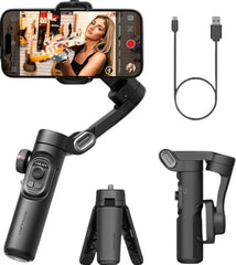 OBtech AOCHUAN Smart XE 3-axis gimbal stabilizer with phone, tripod stand, and charging cable for smooth video.
