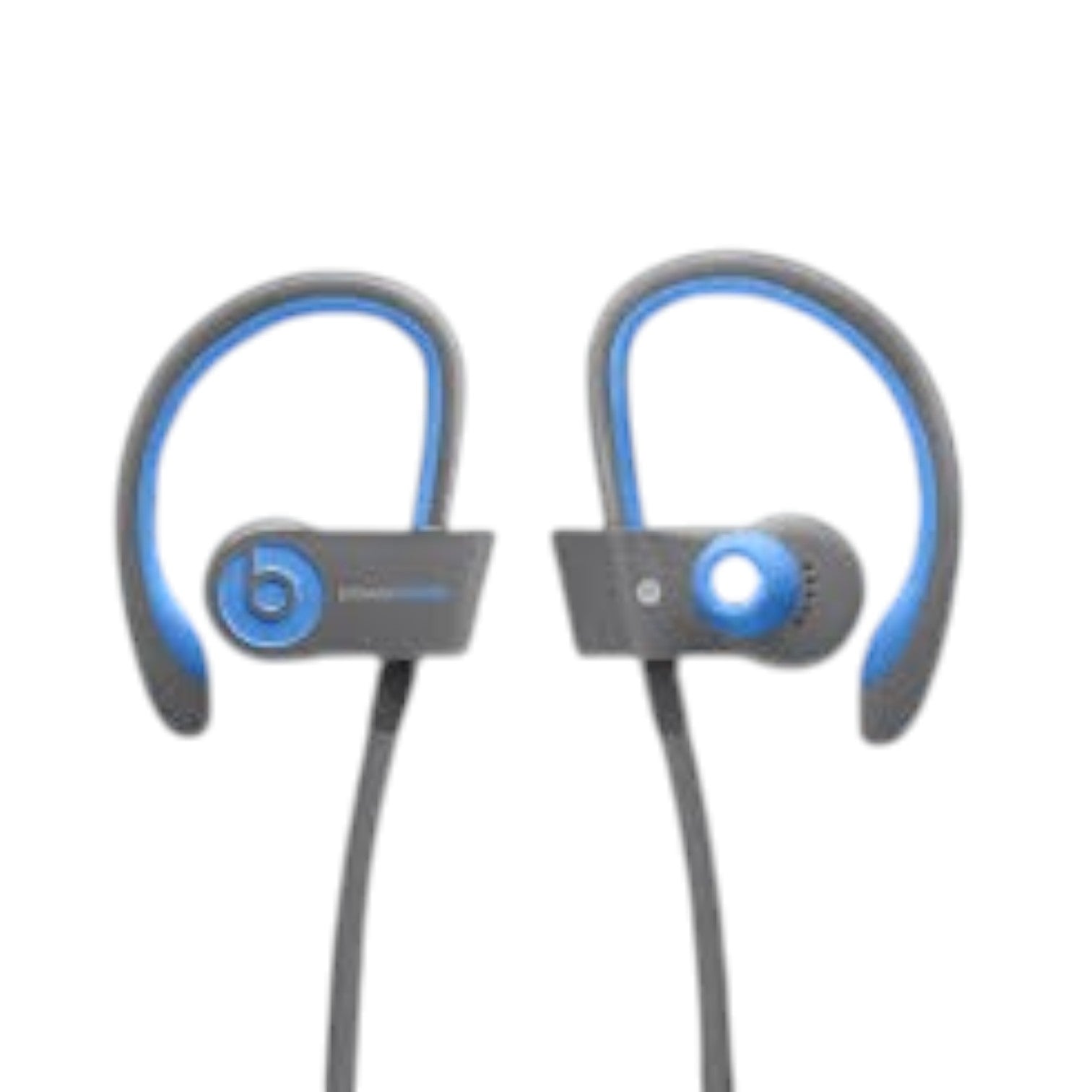 OBtech Beats Powerbeats² wireless earphones in grey and blue with secure-fit ear hooks for workout stability.