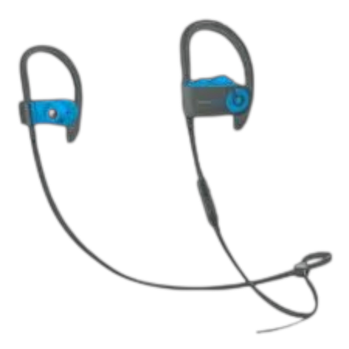 OBtech Beats Powerbeats² wireless earphones in blue and grey with secure-fit ear hooks for workouts.