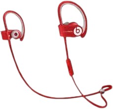 OBtech Beats Powerbeats² wireless earphones in red with secure-fit ear hooks for workout stability and clear audio.
