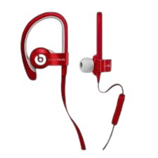 OBtech Beats Powerbeats² wireless earphones in red with secure-fit ear hooks and white ear tips on black background