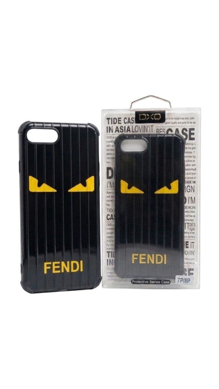 OBtech black Fendi-inspired protective phone case for iPhone 7 Plus and 8 Plus with yellow monster eye graphic