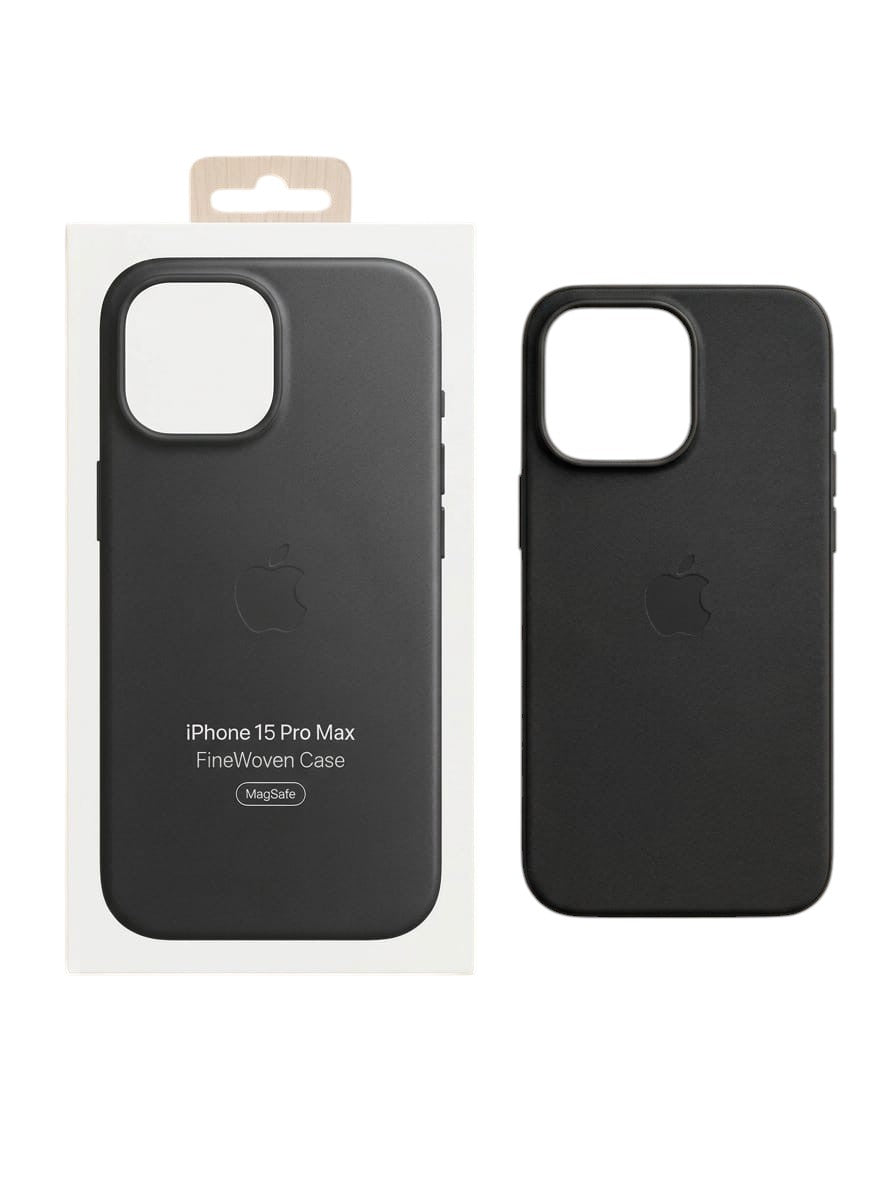 OBtech black Fine Woven MagSafe case for iPhone 15 Pro Max shown in packaging and as a standalone accessory