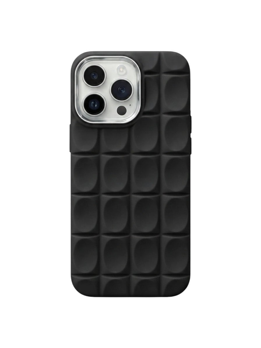 OBtech black silicone iPhone case with a 3D square grid texture and a protective metallic camera ring.