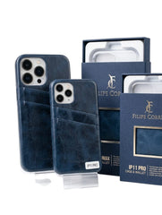OBtech blue denim-textured iPhone 13 Pro protective case with card slot and matching branded packaging