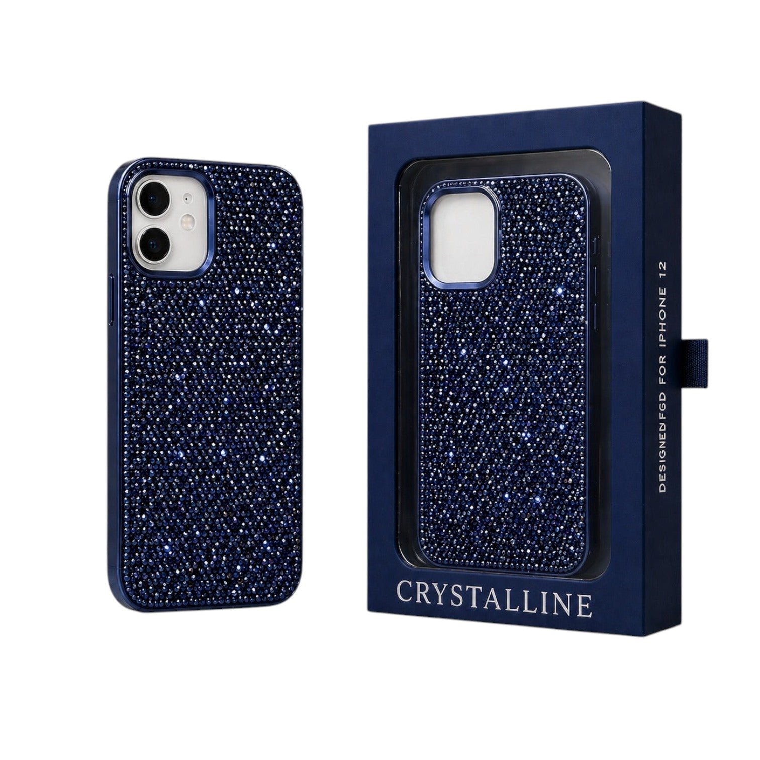 OBtech dark blue glitter iPhone 12 case with crystal embellishments, shown with its premium display packaging.