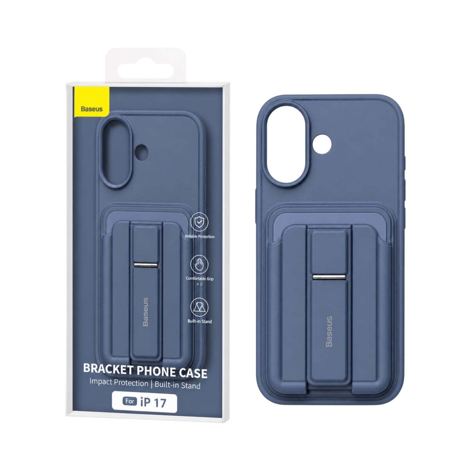 OBtech blue protective iPhone case with integrated kickstand in retail packaging