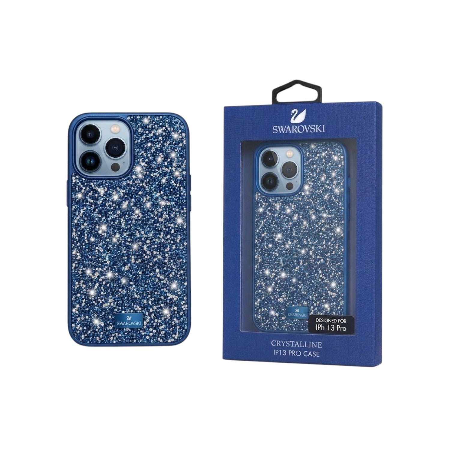 OBtech blue Swarovski crystal glitter iPhone 13 Pro case with matching retail packaging