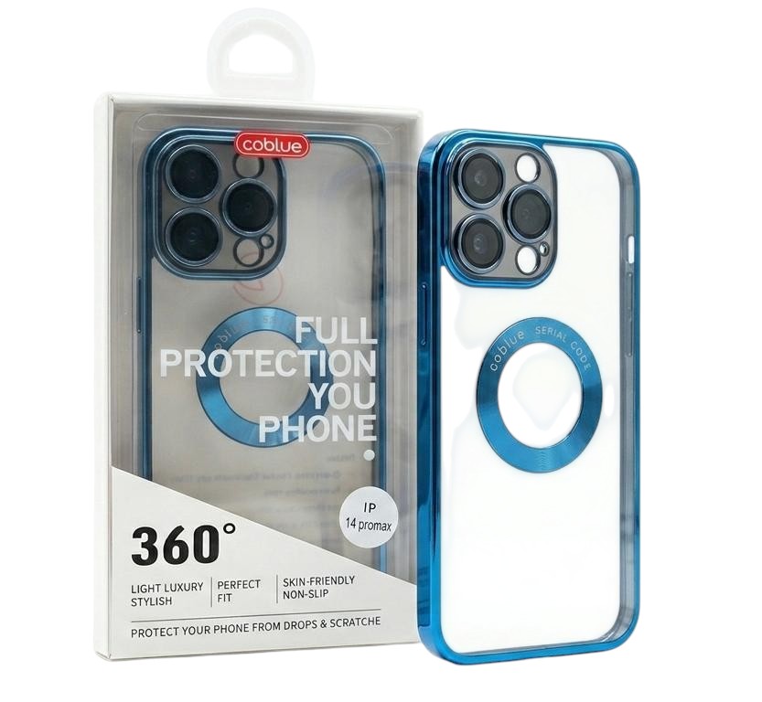 OBtech Co Blue transparent PC iPhone case with metallic blue frame and magnetic ring in retail packaging