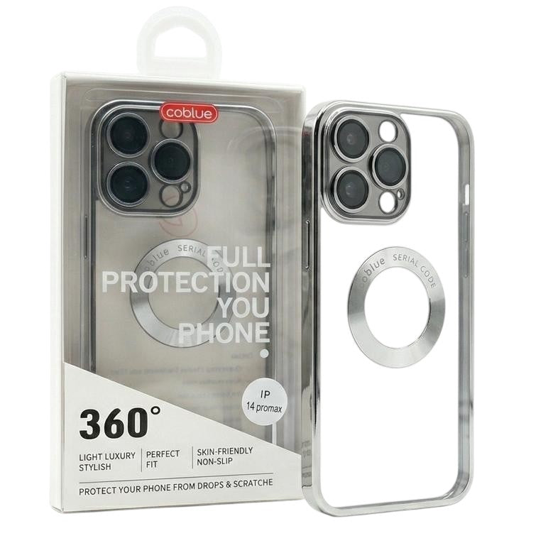 OBtech Co Blue transparent PC iPhone case with metallic ring detail in retail packaging