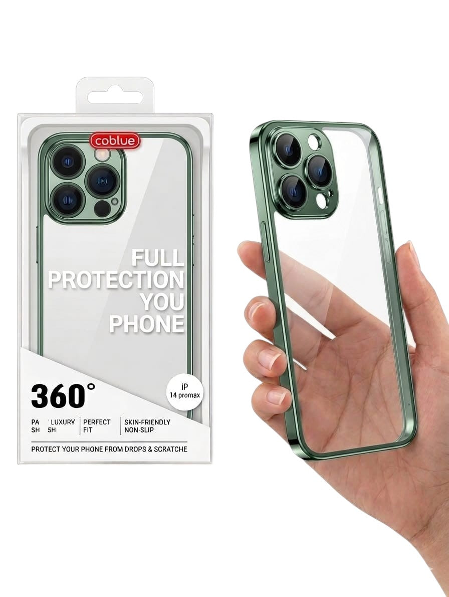 OBtech Co Blue transparent PC iPhone case with green metallic frame shown in packaging and held in hand