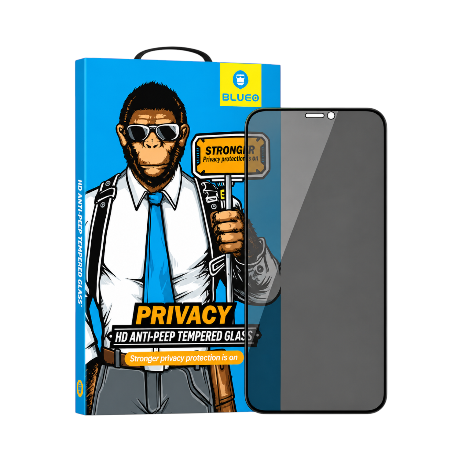 OBtech BLUEO privacy tempered glass screen protector for iPhone with anti-peep technology and blue branded packaging.