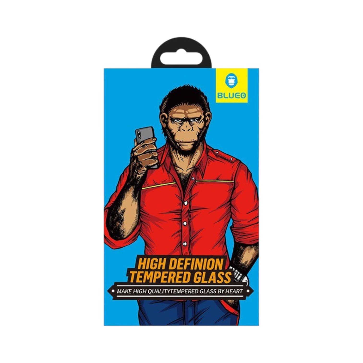 OBtech BLUEO high definition tempered glass screen protector packaging featuring a gorilla illustration