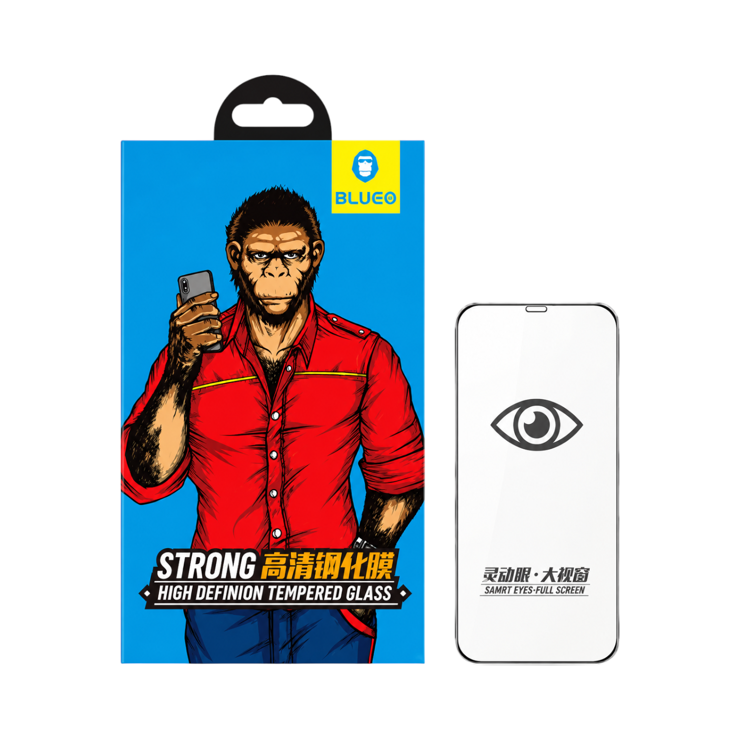 OBtech BLUEO high definition tempered glass screen protector for iPhone with illustrated monkey packaging