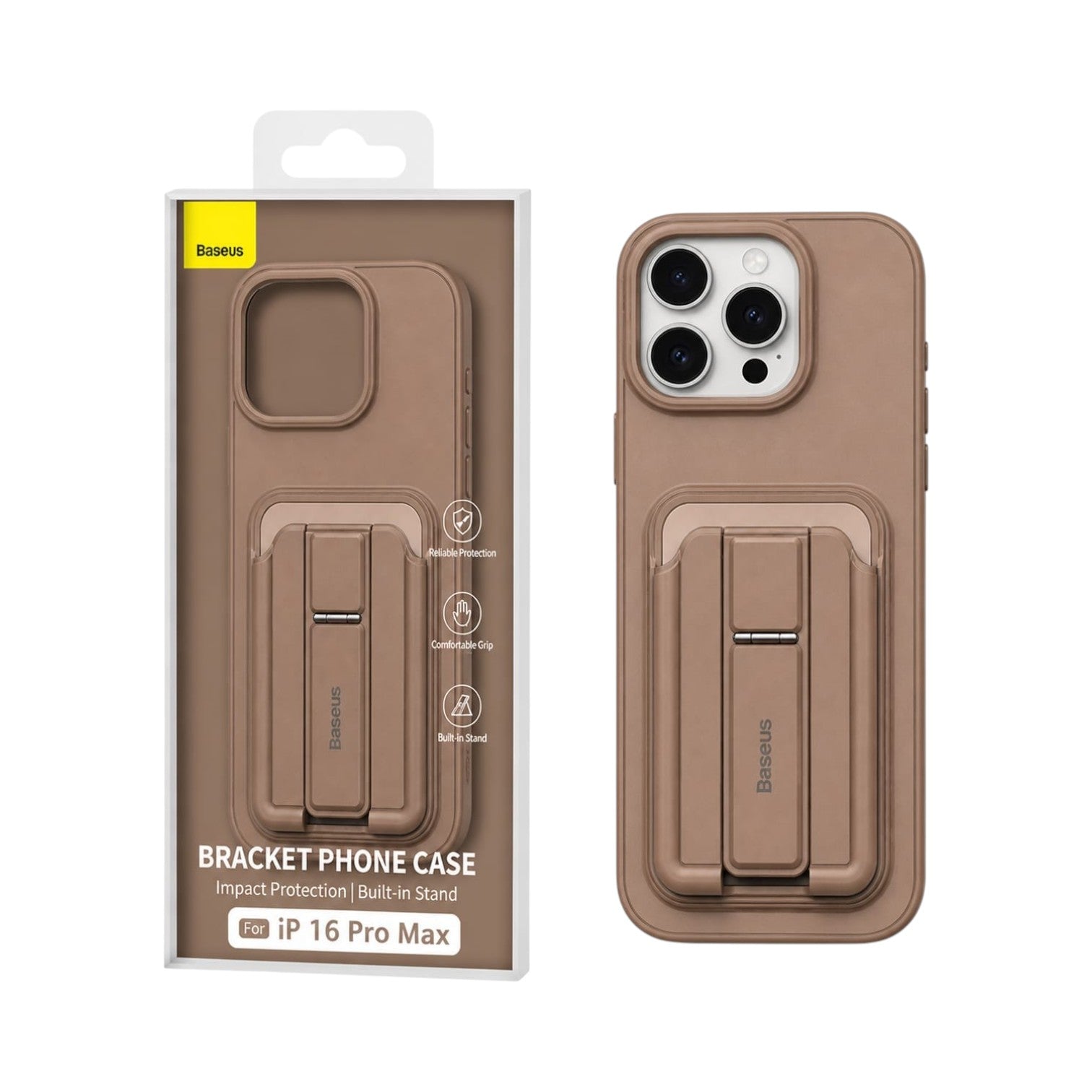 OBtech brown iPhone 16 Pro Max protective case with integrated foldable kickstand in retail packaging