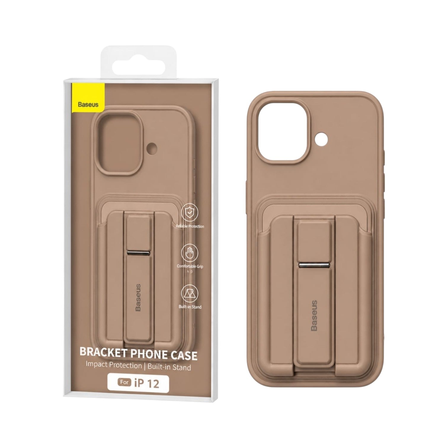 OBtech iPhone case in matte brown with a built-in foldable kickstand and protective camera cutout in retail packaging