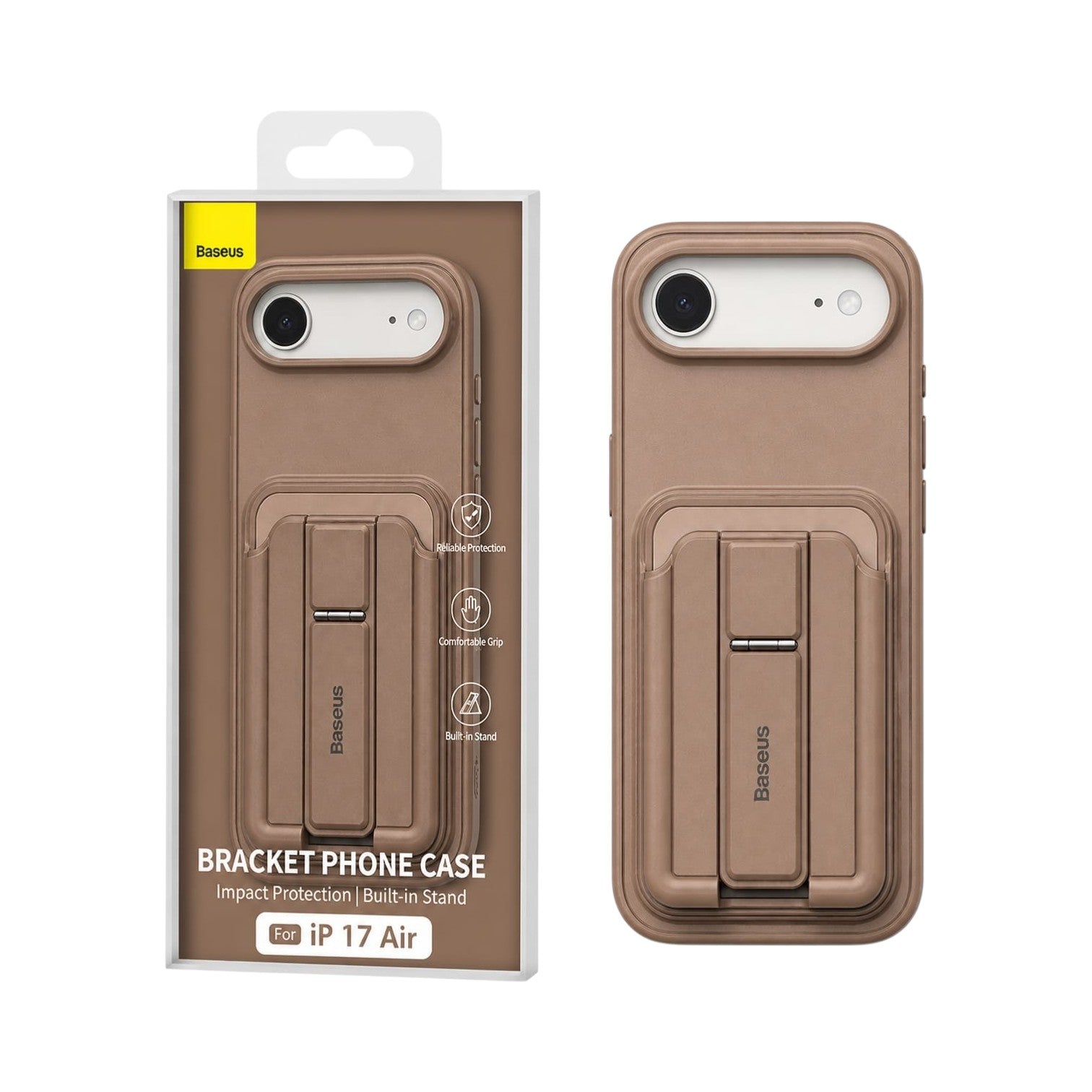 OBtech brown iPhone case with built-in kickstand and impact protection shown in packaging