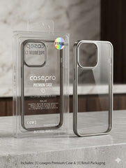 OBtech Case Pro transparent protective case for iPhone 15 Pro Max shown with its retail packaging on a marble surface.