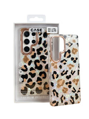 OBtech premium cheetah print protective phone case with iridescent accents and gold camera frame for Samsung S25 Ultra