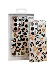 OBtech premium cheetah print protective phone case with iridescent finish and rose gold camera frame for Galaxy S24