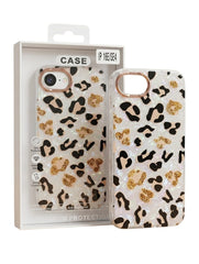OBtech premium cheetah print phone case with gold glitter accents and protective packaging on a wooden surface