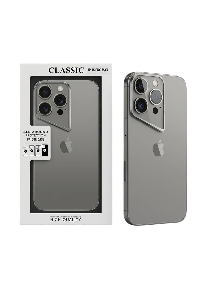 OBtech Classic grey protective case for iPhone 15 Pro Max featuring a unique camera island design and slim profile.