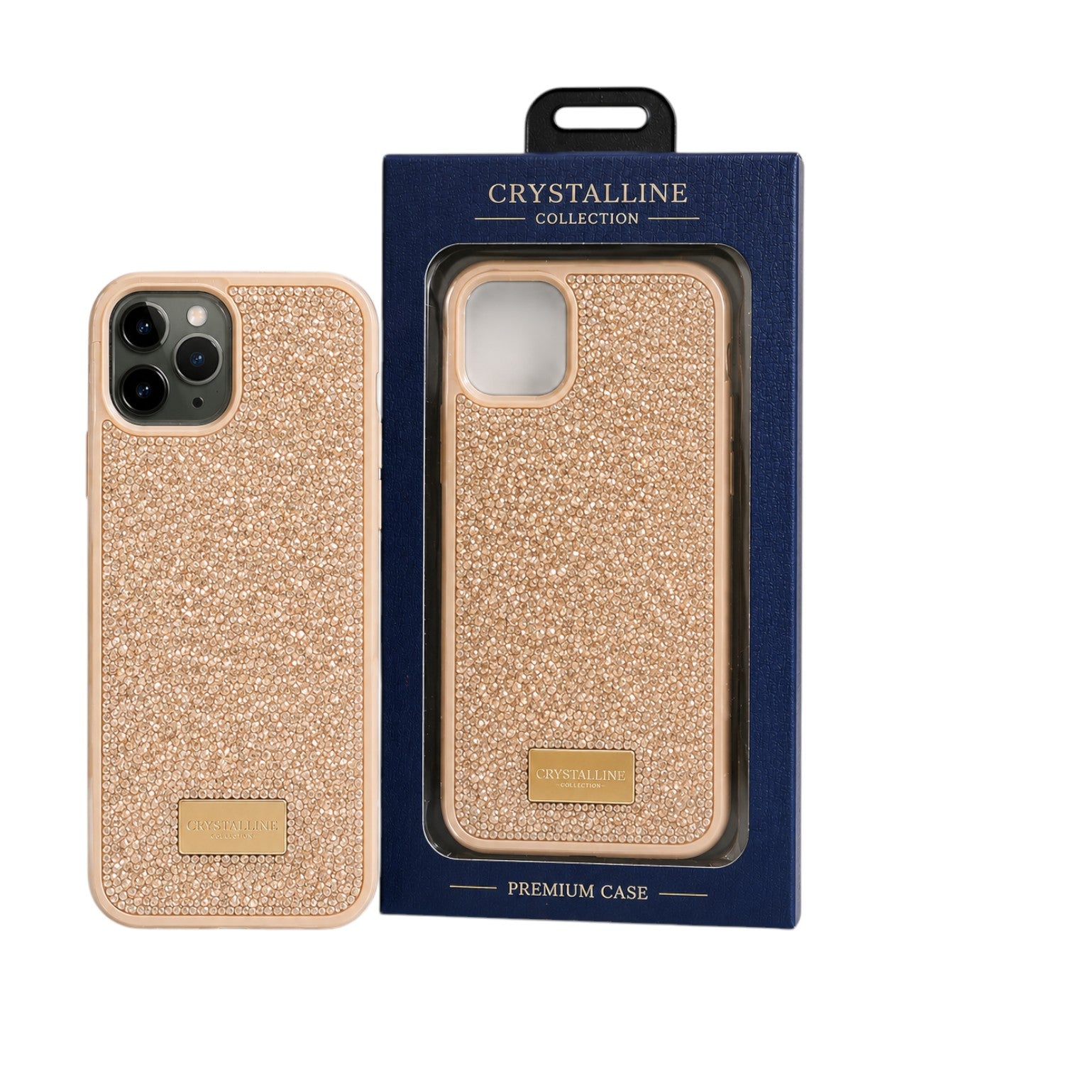OBtech Crystalline Collection iPhone case in champagne gold with sparkling rhinestone finish and gold logo plaque.
