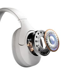 OBtech Deli LT700 wireless headphones showing the 40mm titanium-plated diaphragm driver components in white