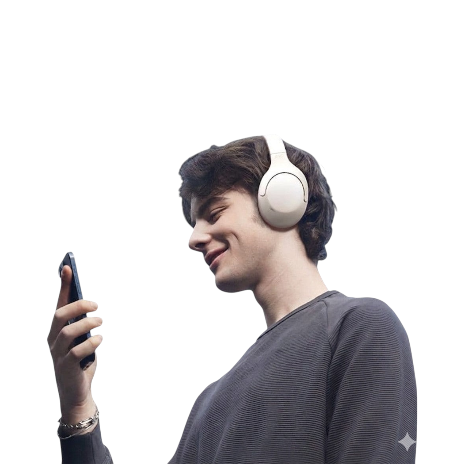 A young man wearing beige OBtech Deli LT700 wireless over-ear headphones while looking at his smartphone.